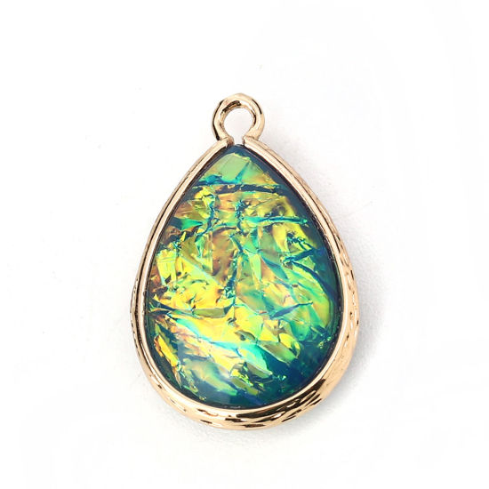 Image de Breloques en Laiton & Résine AB Couleur Irisation Aurores Boréales Goutte d'Eau Or Clair Bleu 23mm x 15mm - 22mm x 14mm, 5 Pcs