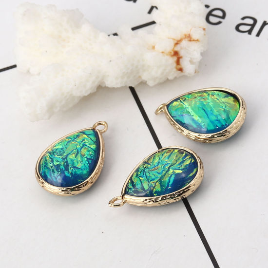 Image de Breloques en Laiton & Résine AB Couleur Irisation Aurores Boréales Goutte d'Eau Or Clair Bleu 23mm x 15mm - 22mm x 14mm, 5 Pcs
