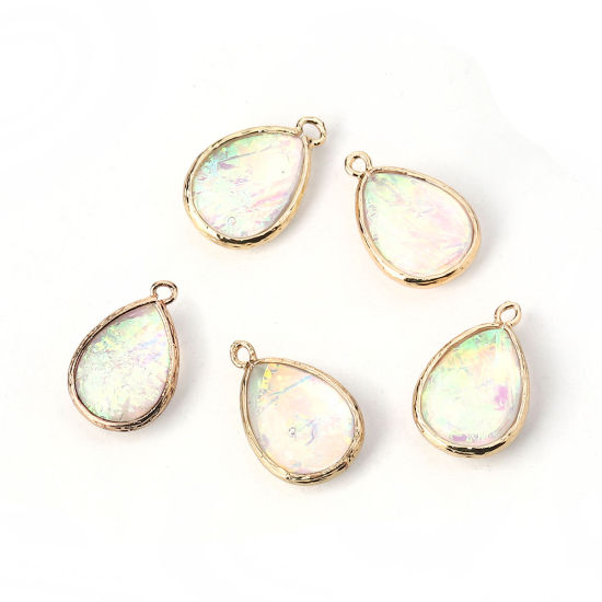 Image de Breloques en Laiton & Résine AB Couleur Irisation Aurores Boréales Goutte d'Eau Or Clair Blanc 23mm x 15mm - 22mm x 14mm, 5 Pcs