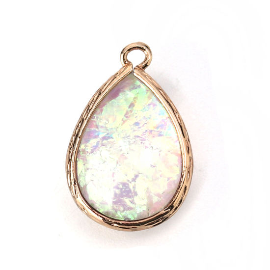 Image de Breloques en Laiton & Résine AB Couleur Irisation Aurores Boréales Goutte d'Eau Or Clair Blanc 23mm x 15mm - 22mm x 14mm, 5 Pcs