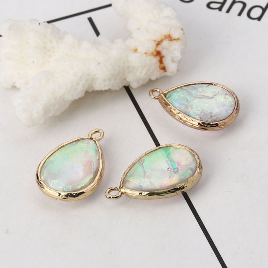 Image de Breloques en Laiton & Résine AB Couleur Irisation Aurores Boréales Goutte d'Eau Or Clair Blanc 23mm x 15mm - 22mm x 14mm, 5 Pcs