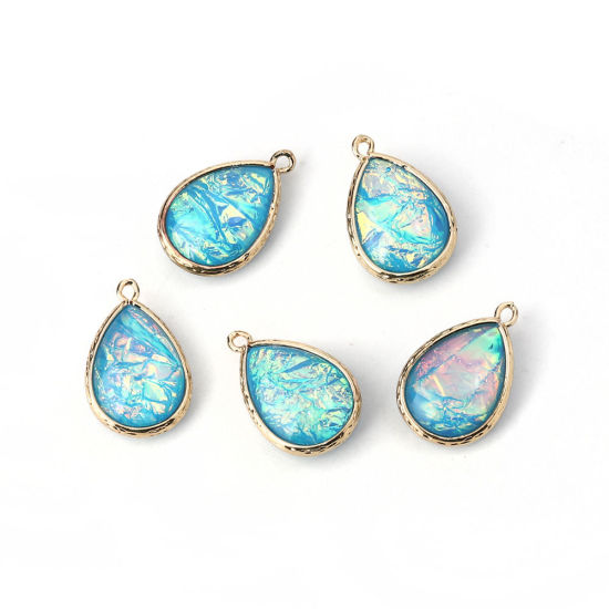 Image de Breloques en Laiton & Résine AB Couleur Irisation Aurores Boréales Goutte d'Eau Or Clair Blanc 23mm x 15mm - 22mm x 14mm, 5 Pcs