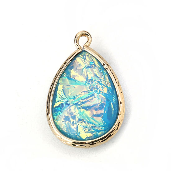 Image de Breloques en Laiton & Résine AB Couleur Irisation Aurores Boréales Goutte d'Eau Or Clair Bleu Ciel 23mm x 15mm - 22mm x 14mm, 5 Pcs