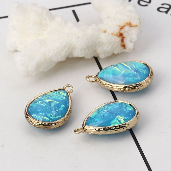 Image de Breloques en Laiton & Résine AB Couleur Irisation Aurores Boréales Goutte d'Eau Or Clair Bleu Ciel 23mm x 15mm - 22mm x 14mm, 5 Pcs