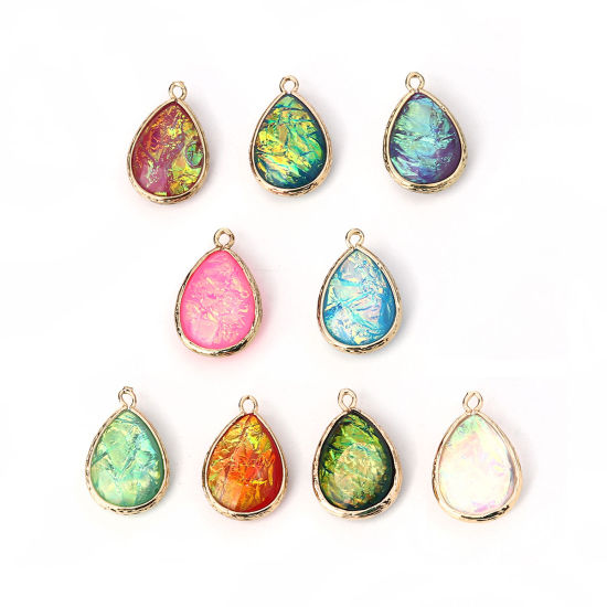 Image de Breloques en Laiton & Résine AB Couleur Irisation Aurores Boréales Goutte d'Eau Or Clair Bleu Ciel 23mm x 15mm - 22mm x 14mm, 5 Pcs