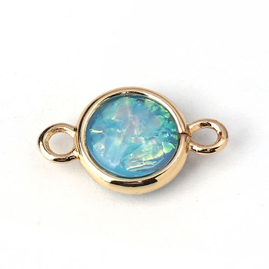 Picture of Brass & Resin AB Rainbow Color Aurora Borealis Connectors Round Light Golden Skyblue 16mm x10mm( 5/8" x 3/8") - 15mm x9mm( 5/8" x 3/8"), 5 PCs