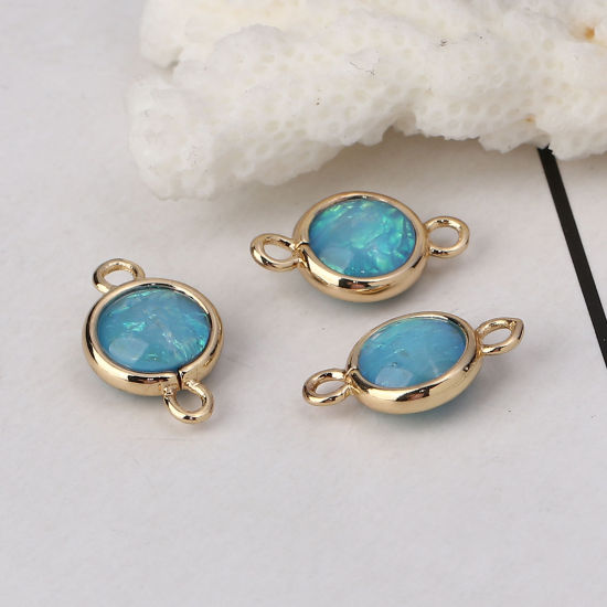 Picture of Brass & Resin AB Rainbow Color Aurora Borealis Connectors Round Light Golden Skyblue 16mm x10mm( 5/8" x 3/8") - 15mm x9mm( 5/8" x 3/8"), 5 PCs