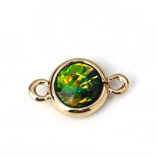 Picture of Brass & Resin AB Rainbow Color Aurora Borealis Connectors Round Light Golden Dark Green 16mm x10mm( 5/8" x 3/8") - 15mm x9mm( 5/8" x 3/8"), 5 PCs