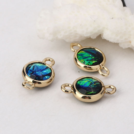 Picture of Brass & Resin AB Rainbow Color Aurora Borealis Connectors Round Light Golden Dark Green 16mm x10mm( 5/8" x 3/8") - 15mm x9mm( 5/8" x 3/8"), 5 PCs