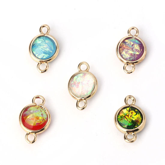 Picture of Brass & Resin AB Rainbow Color Aurora Borealis Connectors Round Light Golden Dark Green 16mm x10mm( 5/8" x 3/8") - 15mm x9mm( 5/8" x 3/8"), 5 PCs