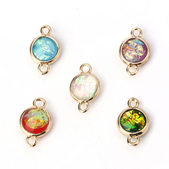 Picture of Brass & Resin AB Rainbow Color Aurora Borealis Connectors Round Light Golden Dark Green 16mm x10mm( 5/8" x 3/8") - 15mm x9mm( 5/8" x 3/8"), 5 PCs