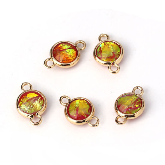 Picture of Brass & Resin AB Rainbow Color Aurora Borealis Connectors Round Light Golden Red 16mm x10mm( 5/8" x 3/8") - 15mm x9mm( 5/8" x 3/8"), 5 PCs