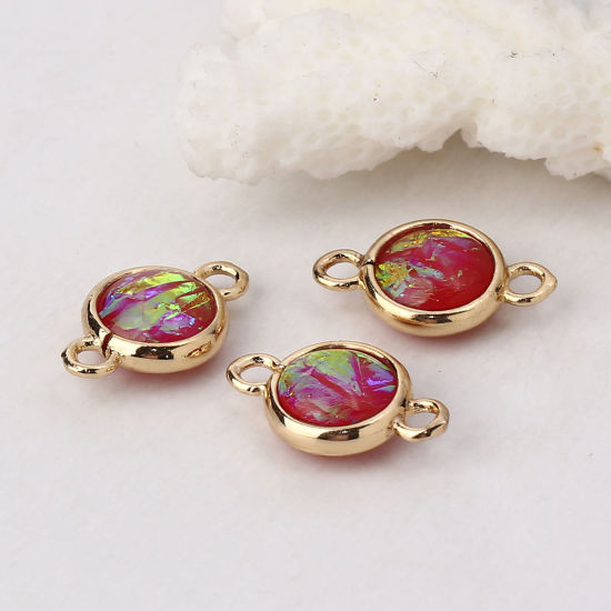 Picture of Brass & Resin AB Rainbow Color Aurora Borealis Connectors Round Light Golden Red 16mm x10mm( 5/8" x 3/8") - 15mm x9mm( 5/8" x 3/8"), 5 PCs