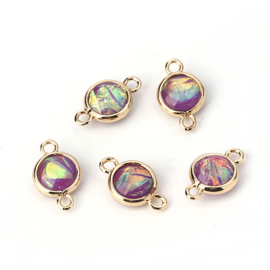 Picture of Brass & Resin AB Rainbow Color Aurora Borealis Connectors Round Light Golden Purple 16mm x10mm( 5/8" x 3/8") - 15mm x9mm( 5/8" x 3/8"), 5 PCs