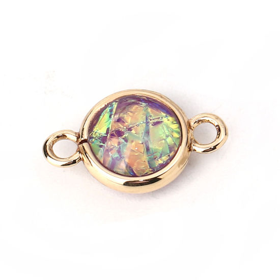 Picture of Brass & Resin AB Rainbow Color Aurora Borealis Connectors Round Light Golden Purple 16mm x10mm( 5/8" x 3/8") - 15mm x9mm( 5/8" x 3/8"), 5 PCs