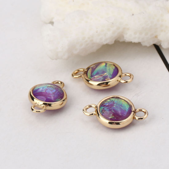 Picture of Brass & Resin AB Rainbow Color Aurora Borealis Connectors Round Light Golden Purple 16mm x10mm( 5/8" x 3/8") - 15mm x9mm( 5/8" x 3/8"), 5 PCs