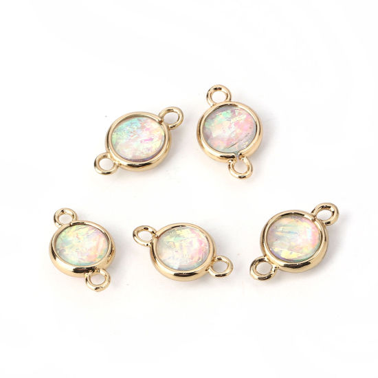 Picture of Brass & Resin AB Rainbow Color Aurora Borealis Connectors Round Light Golden White 16mm x10mm( 5/8" x 3/8") - 15mm x9mm( 5/8" x 3/8"), 5 PCs