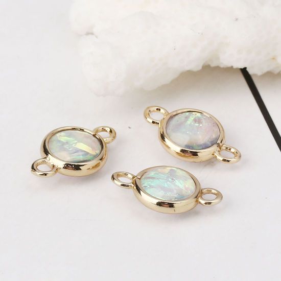 Picture of Brass & Resin AB Rainbow Color Aurora Borealis Connectors Round Light Golden White 16mm x10mm( 5/8" x 3/8") - 15mm x9mm( 5/8" x 3/8"), 5 PCs