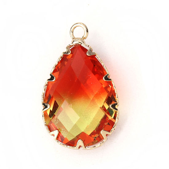 Image de Breloques en Verre Goutte d'Eau Rouge & Jaune A Facettes 23mm x 14mm, 2 Pcs