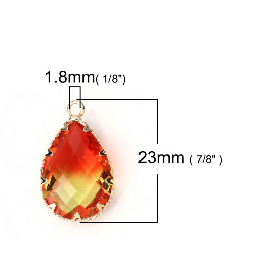 Image de Breloques en Verre Goutte d'Eau Rouge & Jaune A Facettes 23mm x 14mm, 2 Pcs