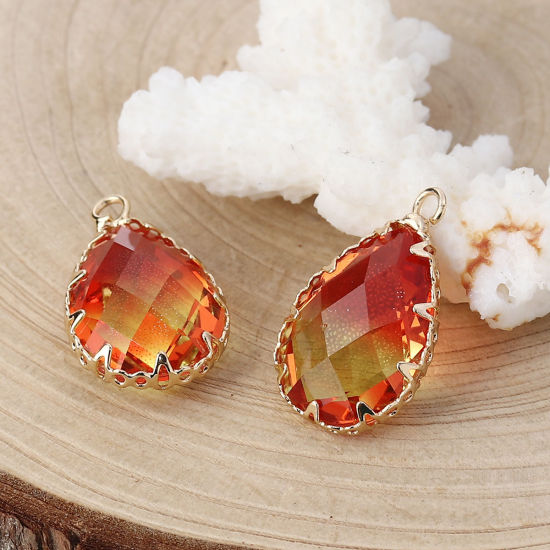 Image de Breloques en Verre Goutte d'Eau Rouge & Jaune A Facettes 23mm x 14mm, 2 Pcs