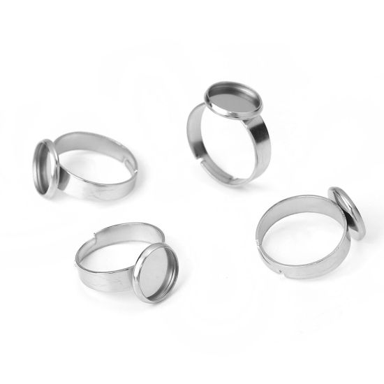 Image de Bagues Ajustable en 304 Acier Inoxydable Argent Mat Rond Cabochon Rapportable (Convenable à 10mm Dia) 16.7mm (Taille d'US: 6.25), 5 Pcs