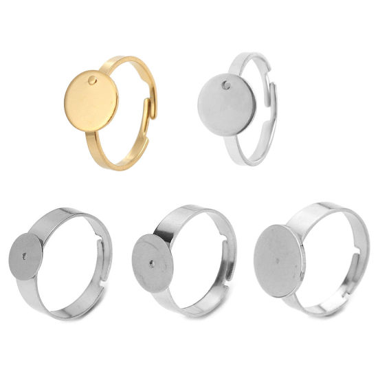 Image de Bagues Ouvert Ajoustable en Acier Inoxydable Plateau Peut Être Collé Doré Rond (Convenable à 10mm Dia) 17.3mm (Taille d'US: 7), 5 Pcs