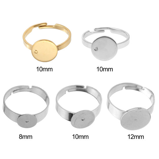 Image de Bagues Ouvert Ajoustable en Acier Inoxydable Plateau Peut Être Collé Doré Rond (Convenable à 10mm Dia) 17.3mm (Taille d'US: 7), 5 Pcs