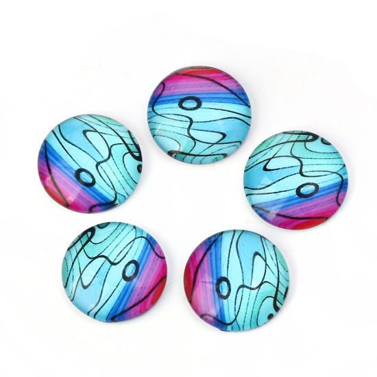 Immagine di Vetro Cupola Dome Seals Cabochon Tondo Flatback Blu Striscia Disegno 20mm Dia, 30 Pz