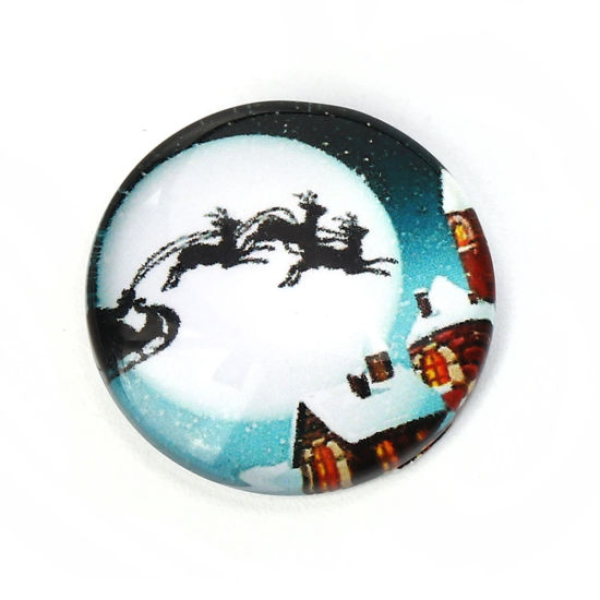 Picture of Glass Dome Seals Cabochon Round Flatback White & Blue Pere David's Deer Pattern 20mm( 6/8") Dia, 30 PCs