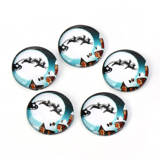 Picture of Glass Dome Seals Cabochon Round Flatback White & Blue Pere David's Deer Pattern 20mm( 6/8") Dia, 30 PCs