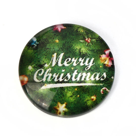 Image de Cabochon Dôme en Verre Rond Dos Plat Vert Gravé Caractère Gravé Mots " Merry Christmas " 20mm Dia, 30 Pcs