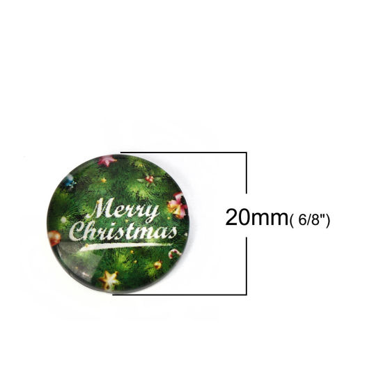 Image de Cabochon Dôme en Verre Rond Dos Plat Vert Gravé Caractère Gravé Mots " Merry Christmas " 20mm Dia, 30 Pcs