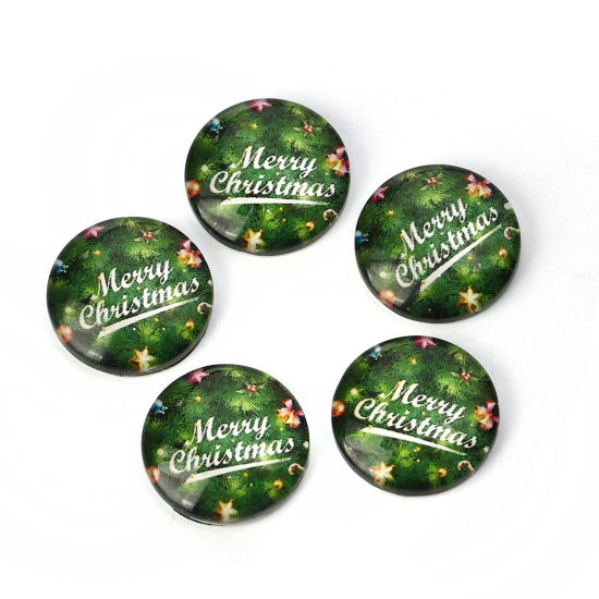 Image de Cabochon Dôme en Verre Rond Dos Plat Vert Gravé Caractère Gravé Mots " Merry Christmas " 20mm Dia, 30 Pcs