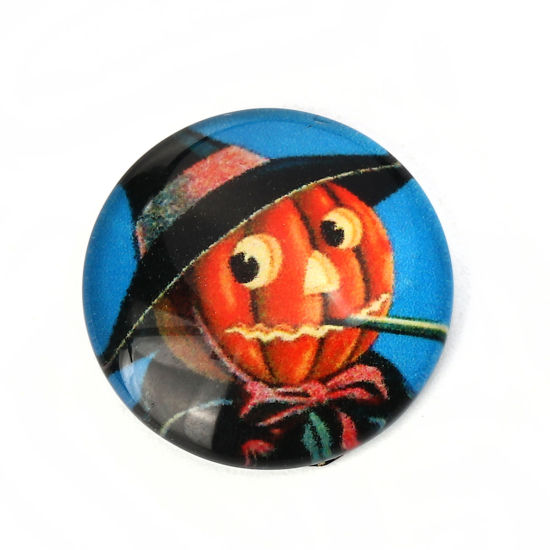 Image de Cabochon Dôme en Verre Rond Dos Plat Rouge Orangé Halloween Citrouille Homme 20mm Dia, 30 Pcs
