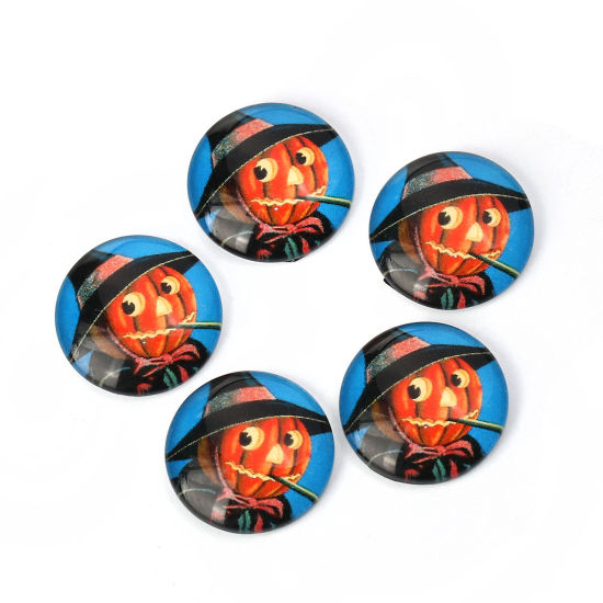 Image de Cabochon Dôme en Verre Rond Dos Plat Rouge Orangé Halloween Citrouille Homme 20mm Dia, 30 Pcs