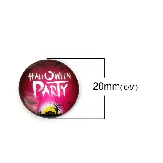 Image de Cabochon Dôme en Verre Rond Dos Plat Fuchsia Gravé Caractère Gravé Mots " Halloween " 20mm Dia, 30 Pcs