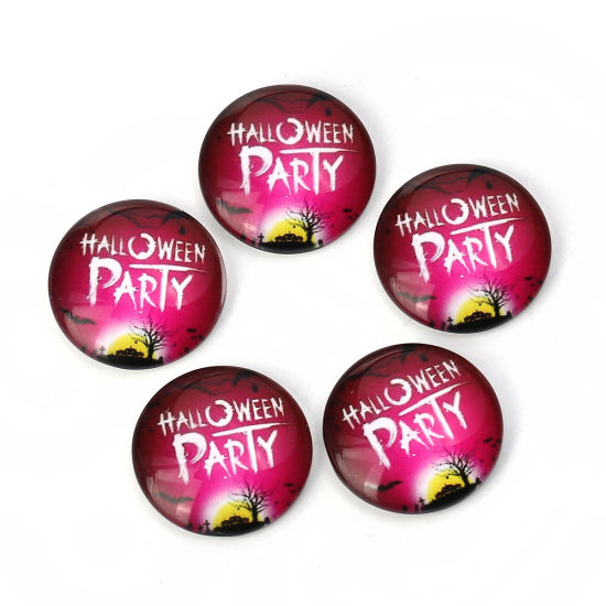 Image de Cabochon Dôme en Verre Rond Dos Plat Fuchsia Gravé Caractère Gravé Mots " Halloween " 20mm Dia, 30 Pcs