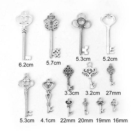 Bild von Zinklegierung Anhänger Schlüssel Antiksilber Mix Farben 6.2cm x2cm - 1.6cm x0.9cm, 1 Set ( 13 Stück/Set)