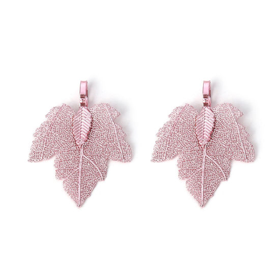 Picture of Brass Pendants Maple Leaf Pink 36mm x28mm(1 3/8" x1 1/8") - 34mm x27mm(1 3/8" x1 1/8"), 2 PCs