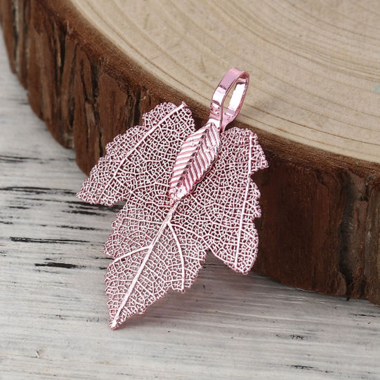Picture of Brass Pendants Maple Leaf Pink 36mm x28mm(1 3/8" x1 1/8") - 34mm x27mm(1 3/8" x1 1/8"), 2 PCs