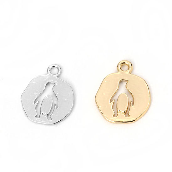 真鍮 チャーム 円形 シルバートーン ペンギン 14mm x 11mm、 5 個 の画像