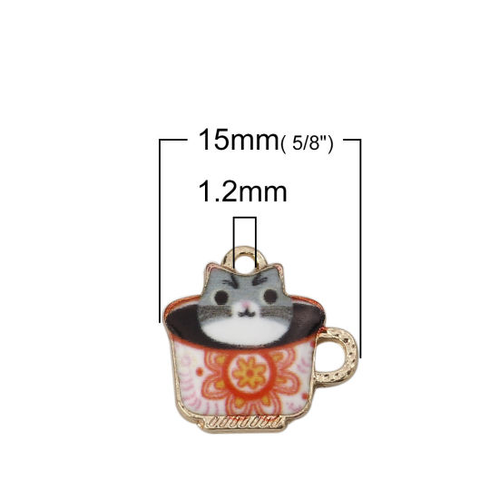 Bild von Zinklegierung Charms Glas Vergoldet Bunt Katze Emaille 15mm x 14mm, 10 Stück