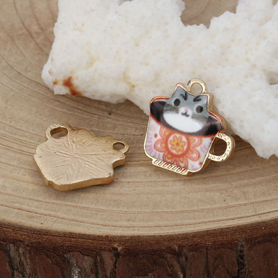 Bild von Zinklegierung Charms Glas Vergoldet Bunt Katze Emaille 15mm x 14mm, 10 Stück
