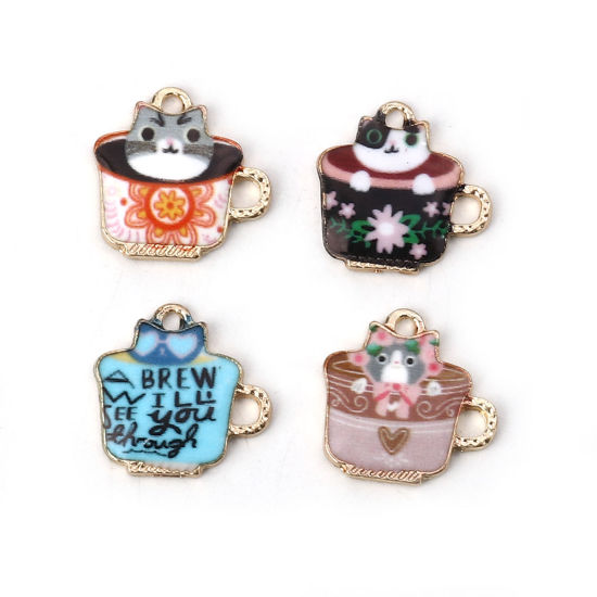Bild von Zinklegierung Charms Glas Vergoldet Bunt Katze Emaille 15mm x 14mm, 10 Stück