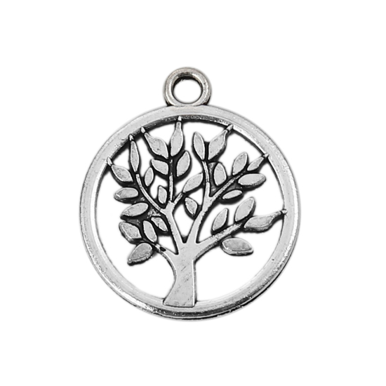 Bild von Zinklegierung Charms Rund Antiksilber Bäume 20mm x 17mm, 50 Stück