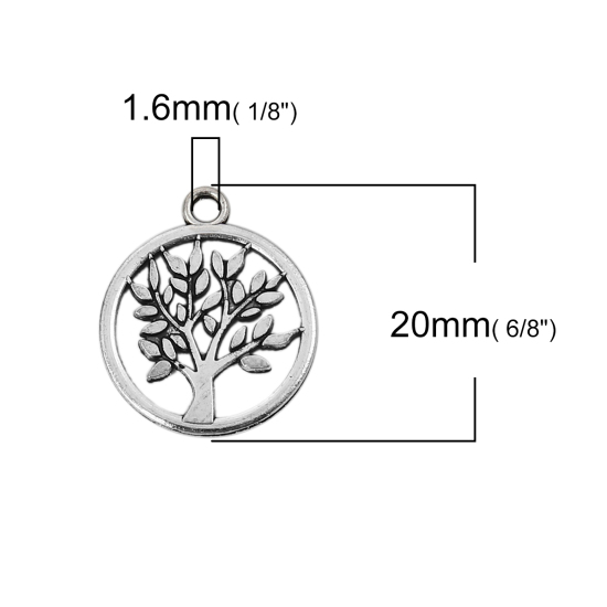 Bild von Zinklegierung Charms Rund Antiksilber Bäume 20mm x 17mm, 50 Stück