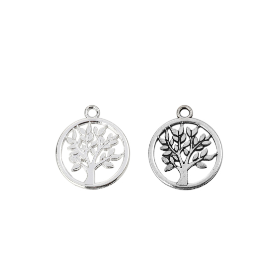 Bild von Zinklegierung Charms Rund Antiksilber Bäume 20mm x 17mm, 50 Stück