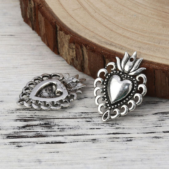 Bild von Zinklegierung Charms Ex Voto Herz Antiksilber 29mm x 21mm, 10 Stück