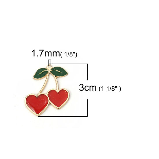亜鉛合金 ペンダント チェリー 金メッキ 赤 エナメル 30mmx 27mm、 5 個 の画像